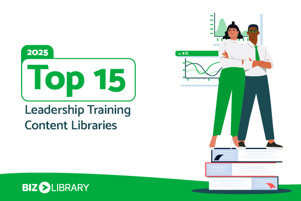 Illustration featuring two diverse professionals standing confidently on stacked books, symbolizing knowledge and leadership development. Text reads “2025 Top 15 Leadership Training Content Libraries” with BizLibrary logo. Ideal visual for articles about the best online leadership training platforms, content libraries for managers, and corporate leadership development in 2025.