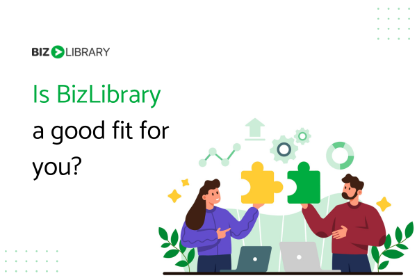 An illustrated man and woman are holding colorful puzzle pieces with text that reads "Is BizLibrary a good fit for you?"